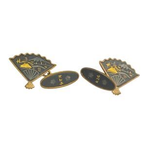 Vintage Japanese Damascene K24 Gold Inlay Fan Cufflinks MT FUJI marked JAPAN